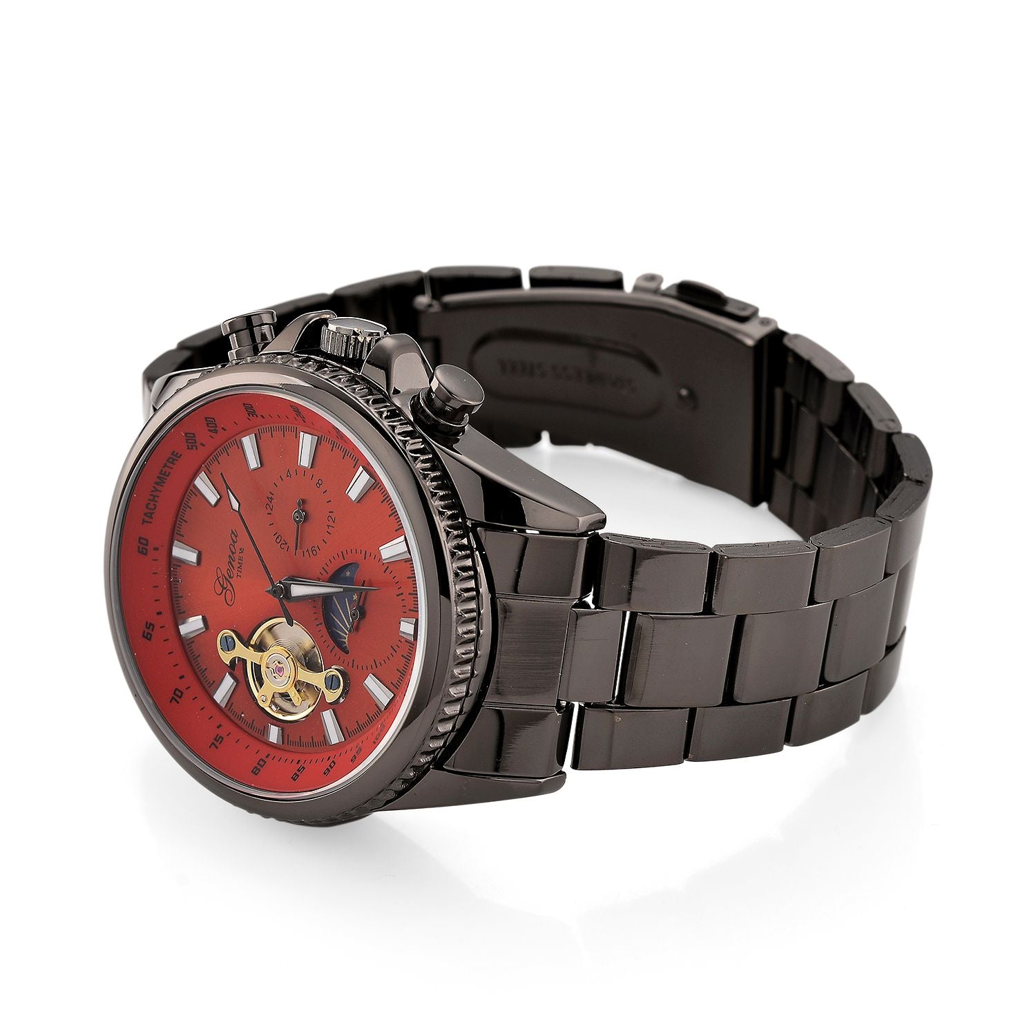 GENOA TIME - Bicolor-Armbanduhr, Reiner Edelstahl, schwarz-rotfarben, Automatik, 3 ATM wasserdicht