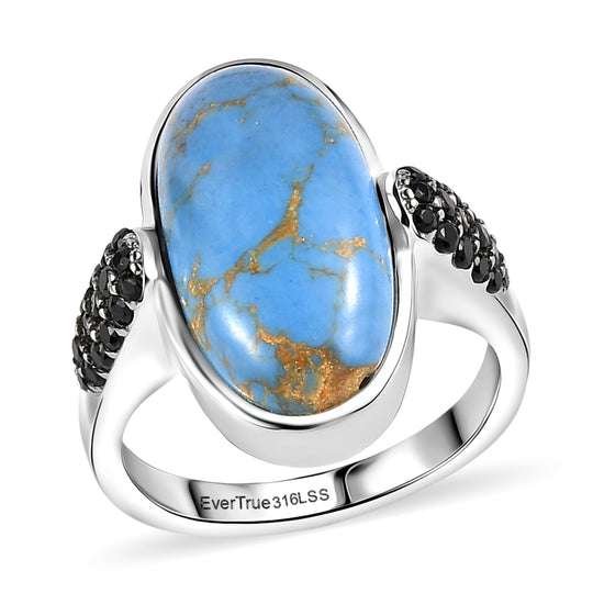 EVER TRUE Blaues Türkis, Schwarzer Spinell Ring 316L Edelstahl (Größe 19.00) ca. 8.30 ct