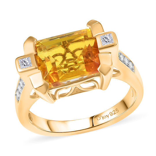 D'Joy - Feuerrahmen-Design Sphaleros Quarz-Triplette, Weißer Zirkon Ring. 925 Silber 750 Gelb Vergoldet (Größe 21.00) ca. 4.20 ct
