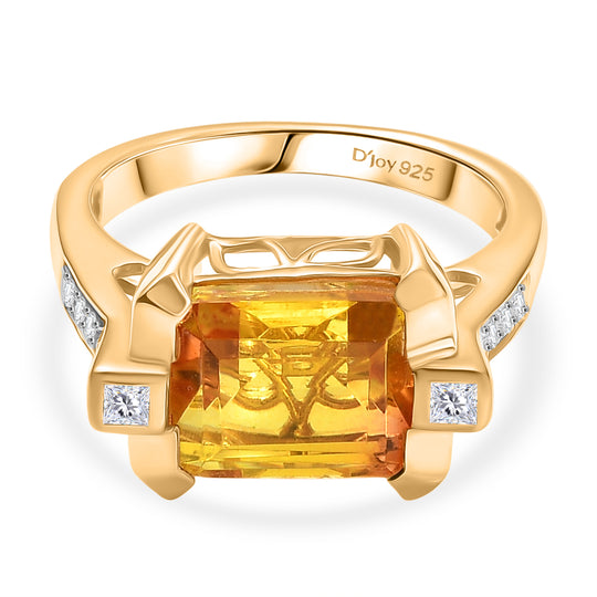 D'Joy - Feuerrahmen-Design Sphaleros Quarz-Triplette, Weißer Zirkon Ring. 925 Silber 750 Gelb Vergoldet (Größe 21.00) ca. 4.20 ct
