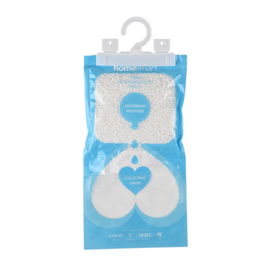 HOME SMART Hanging dehumidifier bag 220g*10  1.N.W: 220g Calcium chloride per bag  2. Without fragrance 3. White or blue hook+customized inner bag(Tymek)+blank outer bag  4.PET / PP 5. bag size:L30 x W16cm 6. G.W 250g