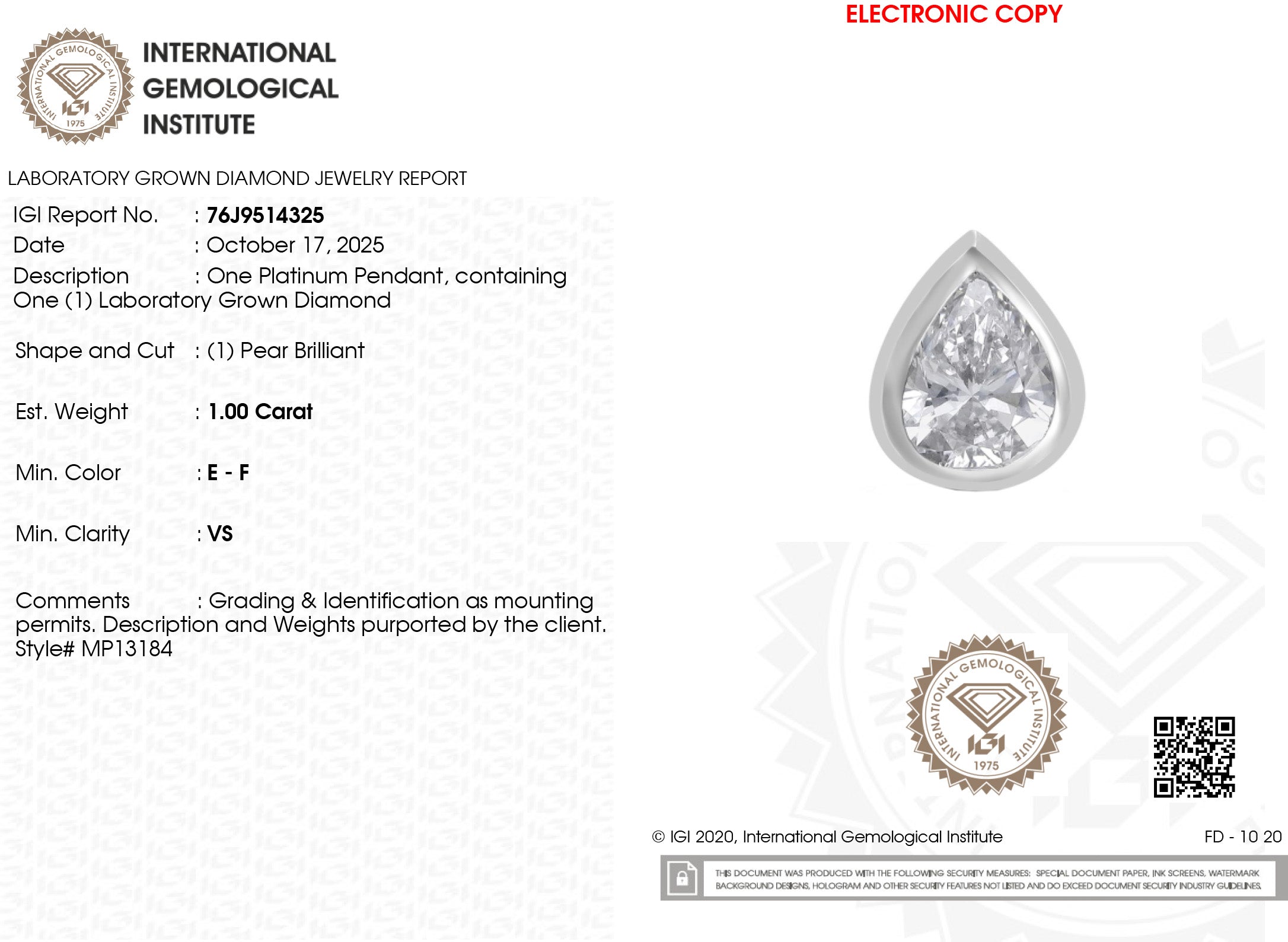 LUXURIANT DIAMOND - Lab Grown Diamant VS-EF Anhänger 950 Platin ca. 1,00 ct.