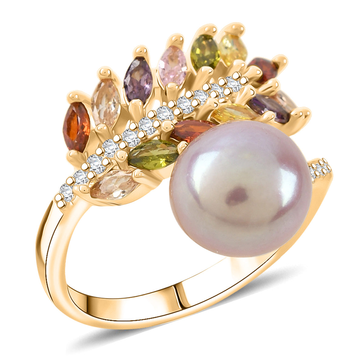 Lila Süßwasser Perle, Mehrfarbiger Zirkonia Ring Nickelfreies Messing, Goldfarben, Flexibles (Größe 17.00-19.00)