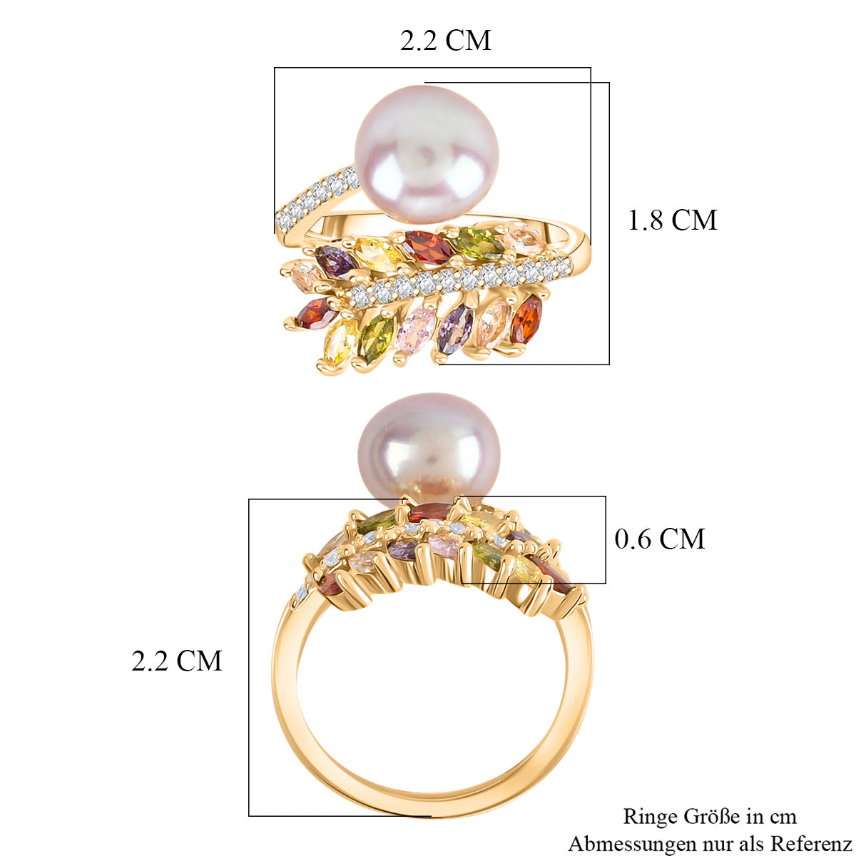 Lila Süßwasser Perle, Mehrfarbiger Zirkonia Ring Nickelfreies Messing, Goldfarben, Flexibles (Größe 17.00-19.00)