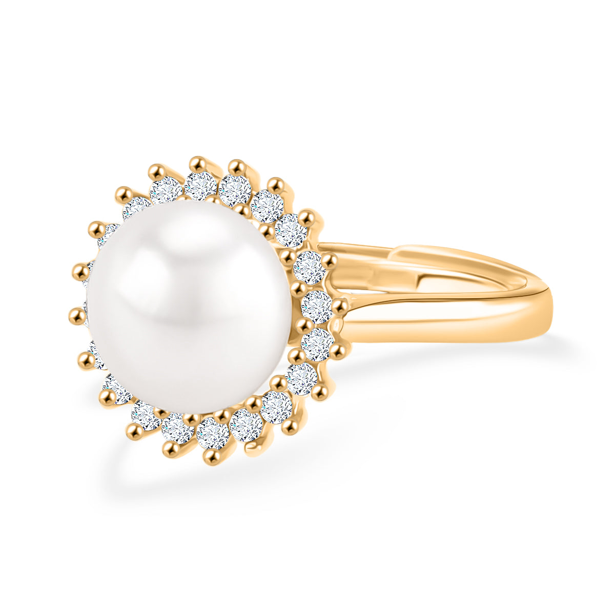 Weiße Süßwasser Perle, Weißer Zirkonia Ring Nickelfreies Messing, Goldfarben, Flexibles (Größe 17.00-19.00)