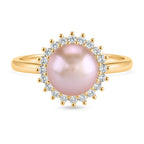 Lila Süßwasser Perle, Weißer Zirkonia Ring Nickelfreies Messing, Goldfarben, Flexibles (Größe 17.00-19.00)