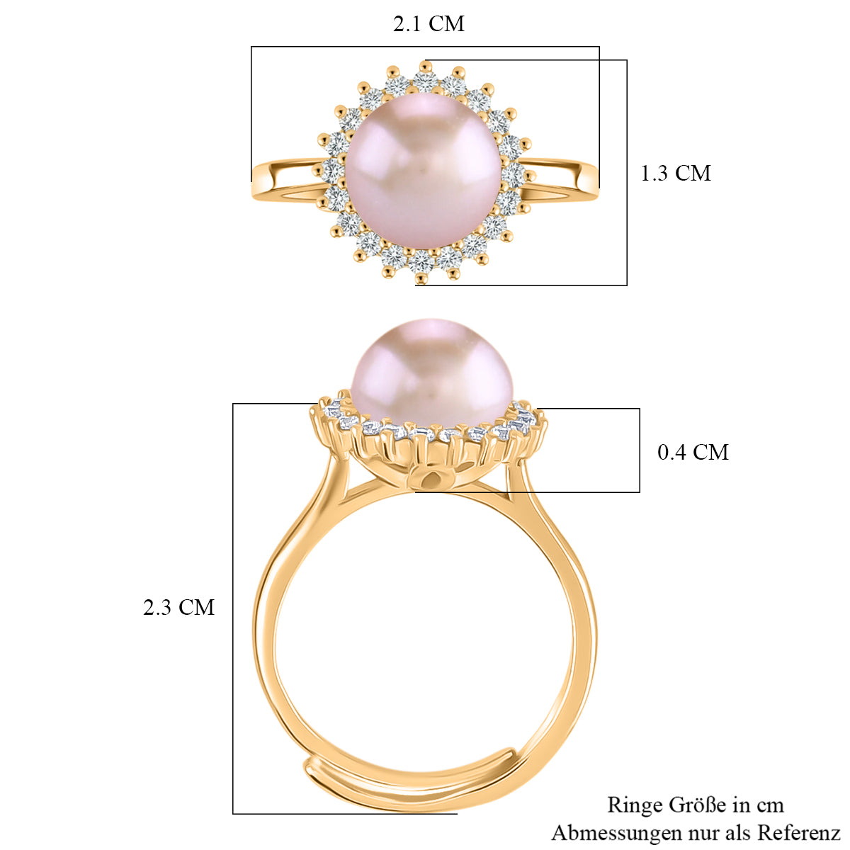 Lila Süßwasser Perle, Weißer Zirkonia Ring Nickelfreies Messing, Goldfarben, Flexibles (Größe 17.00-19.00)