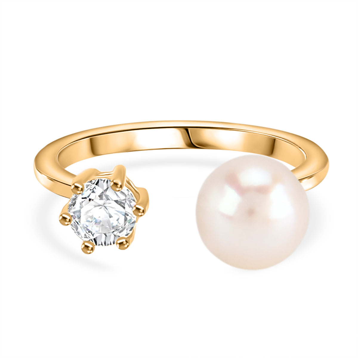 Weiße Süßwasser Perle, Weißer Zirkonia Ring Nickelfreies Messing, Goldfarben, Flexibles (Größe 16.00-18.00)