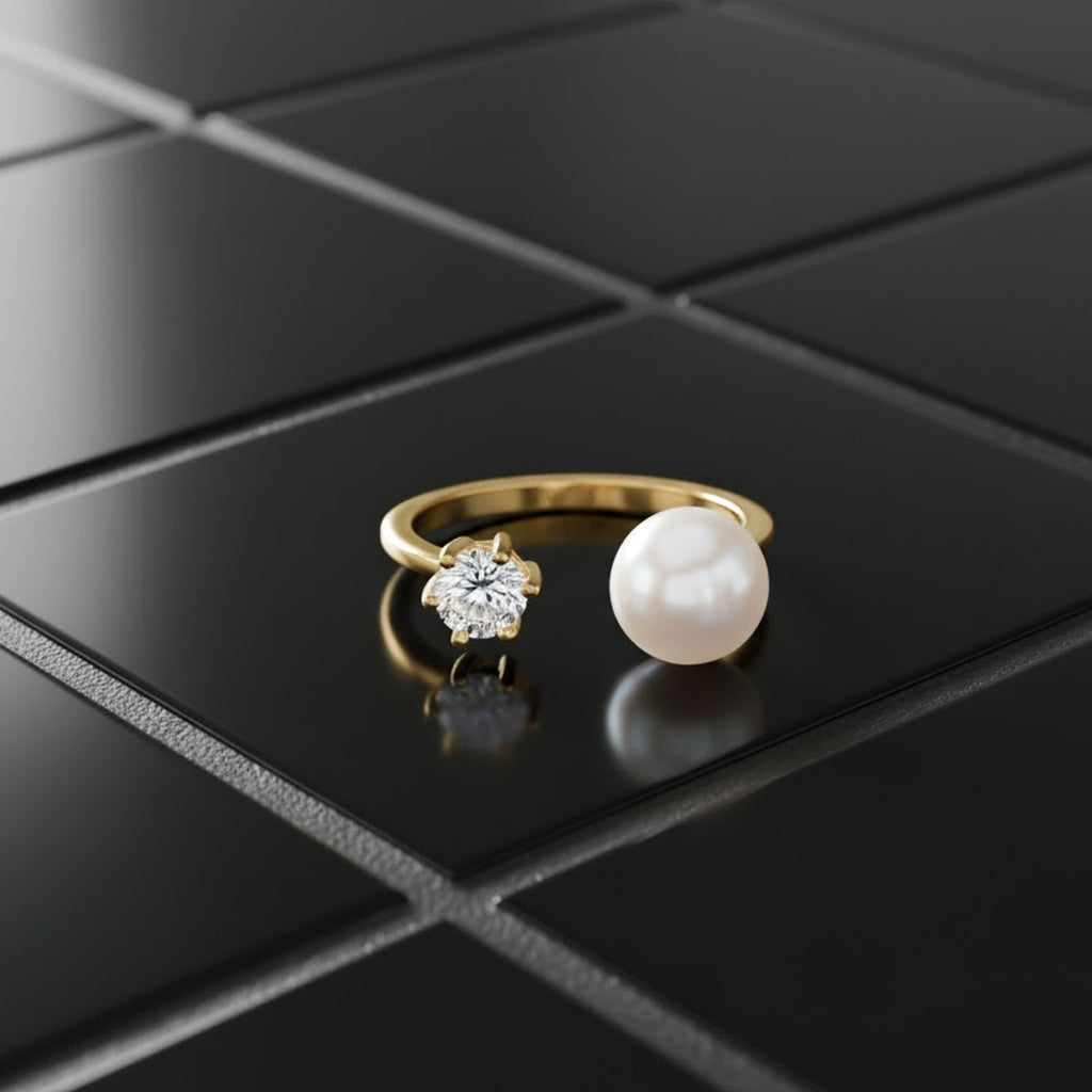Weiße Süßwasser Perle, Weißer Zirkonia Ring Nickelfreies Messing, Goldfarben, Flexibles (Größe 16.00-18.00)