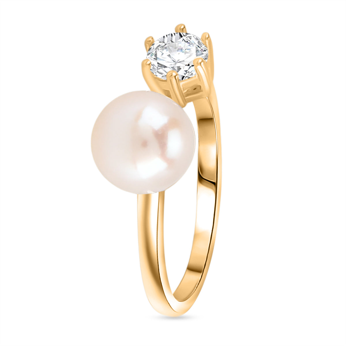 Flexibler weißer Süßwasser Perle und weißer Zirkonia Ring, Messing in Goldton (Größe 16.00-18.00)