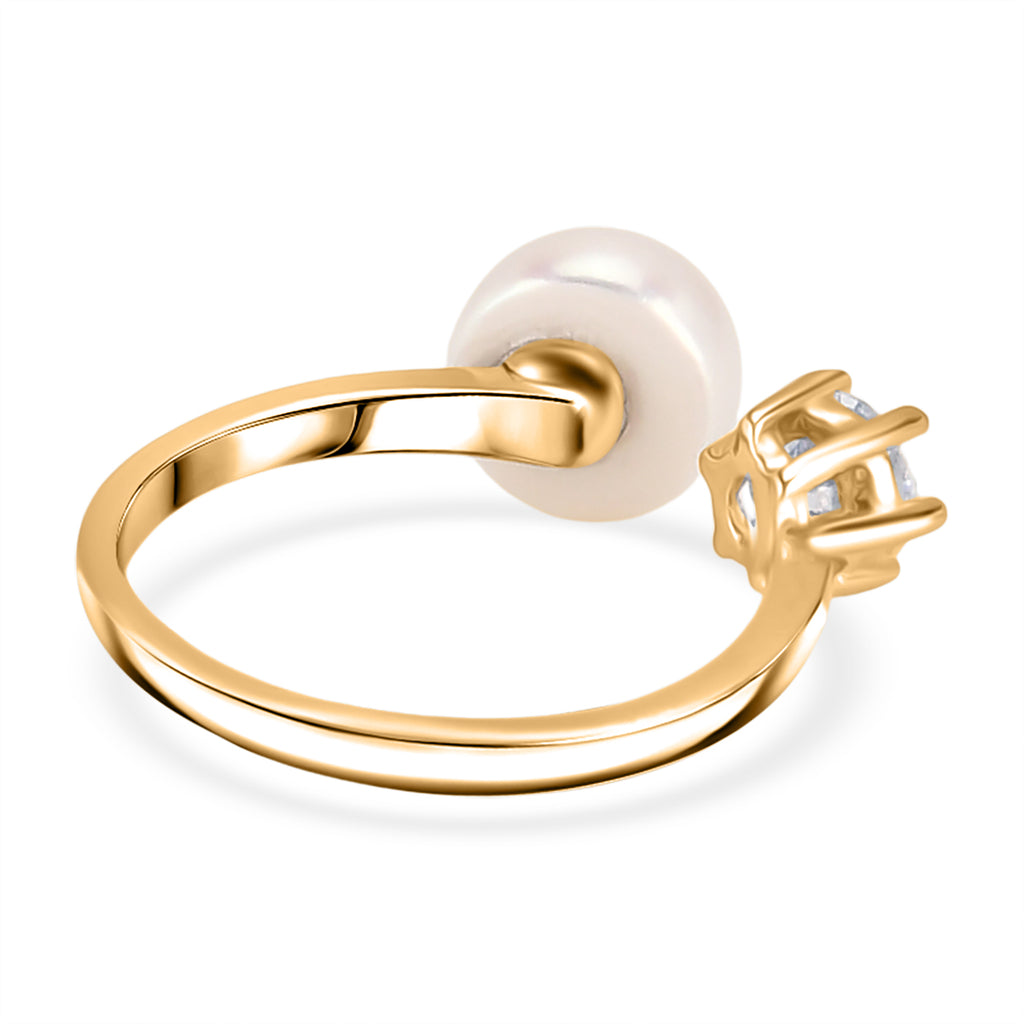 Weiße Süßwasser Perle, Weißer Zirkonia Ring Nickelfreies Messing, Goldfarben, Flexibles (Größe 16.00-18.00)