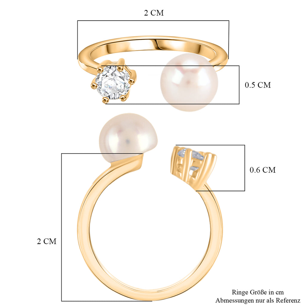 Weiße Süßwasser Perle, Weißer Zirkonia Ring Nickelfreies Messing, Goldfarben, Flexibles (Größe 16.00-18.00)