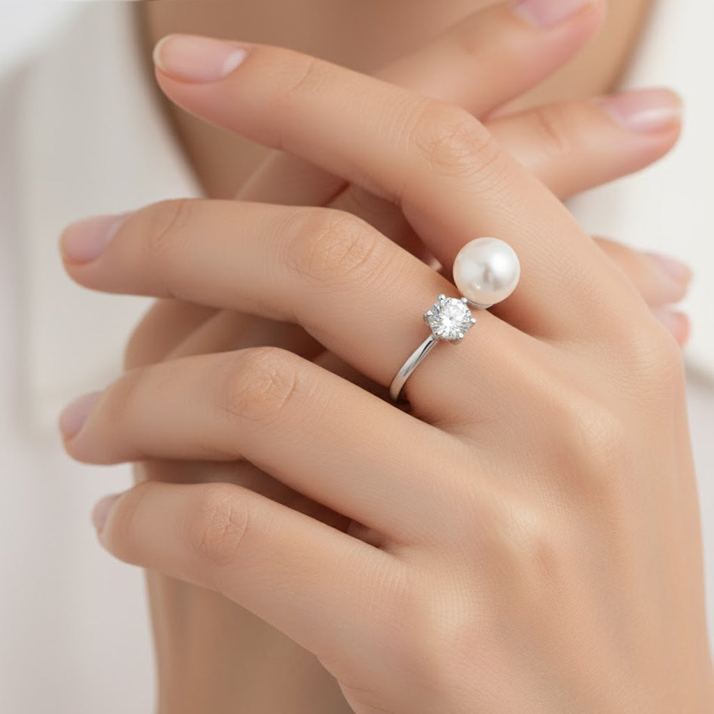 Weiße Süßwasser Perle, Weißer Zirkonia Ring Nickelfreies Messing, Flexibles (Größe 16.00-18.00)