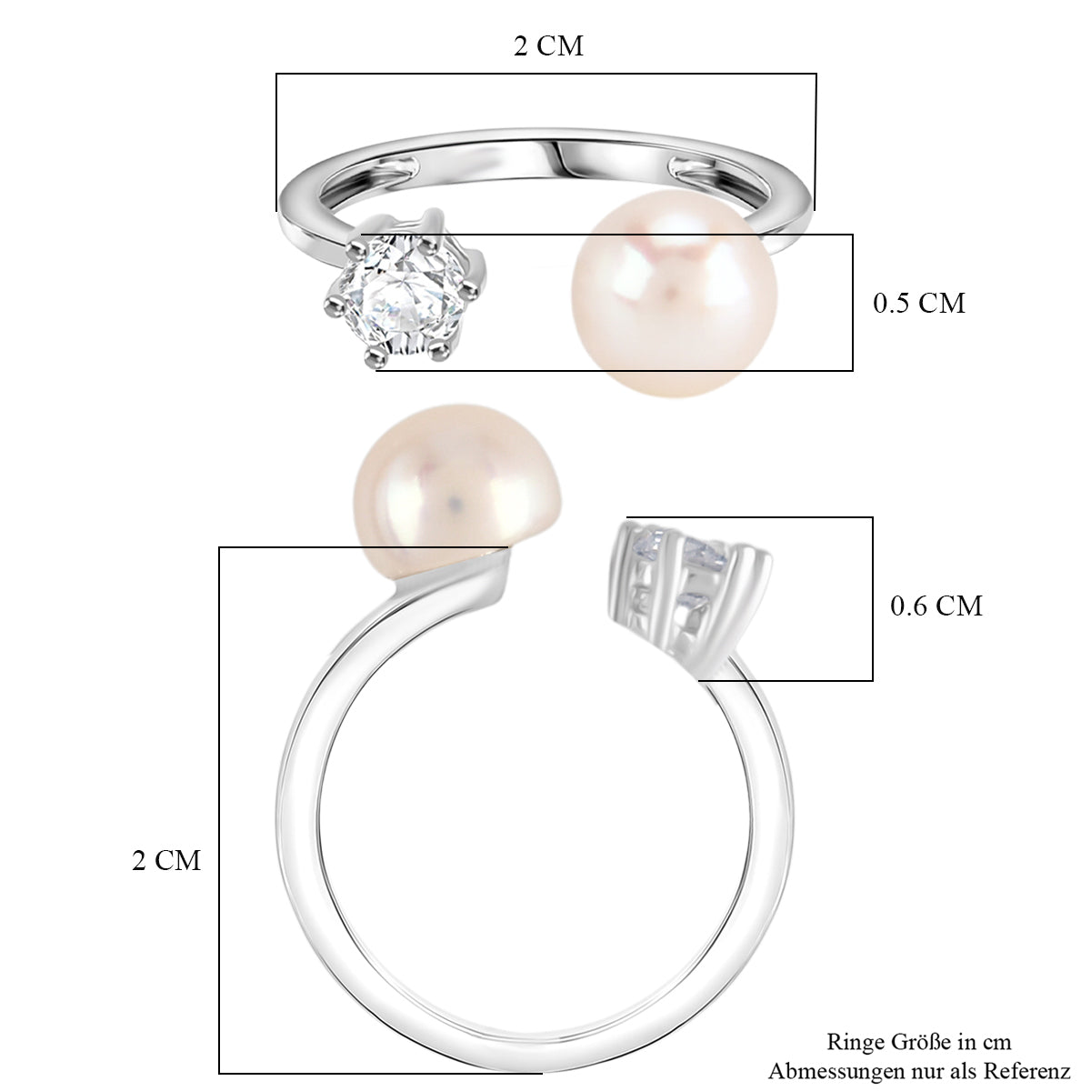Weiße Süßwasser Perle, Weißer Zirkonia Ring Nickelfreies Messing, Flexibles (Größe 16.00-18.00)