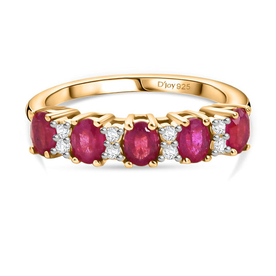 Victorian Era Five Stone - Afrikanischer Rubin (Fissure gefüllt), Weißer Zirkon Ring 925 Silber 750 Gelb Vergoldet (Größe 21.00) ca. 1.39 ct