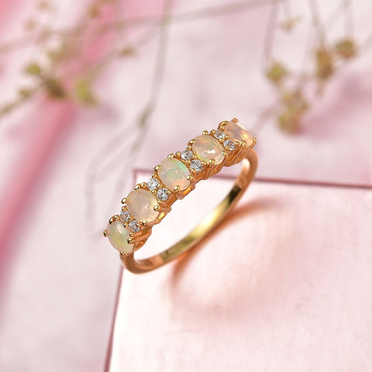 Natürlicher, äthiopischer Welo Opal, Weißer Zirkon Ring 925 Silber 750 Gelb Vergoldet (Größe 21.00) ca. 0.75 ct