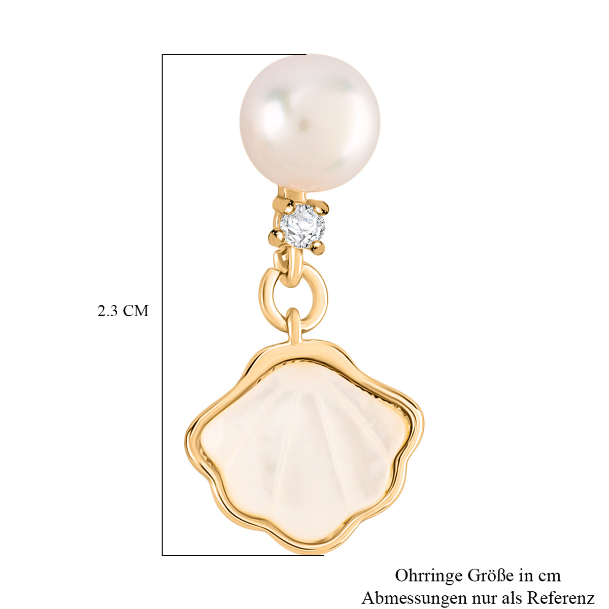 Weiße Muschelkernperle, weiße Süßwasserperle und Zirkonia Ohrringe, Messing in Goldton