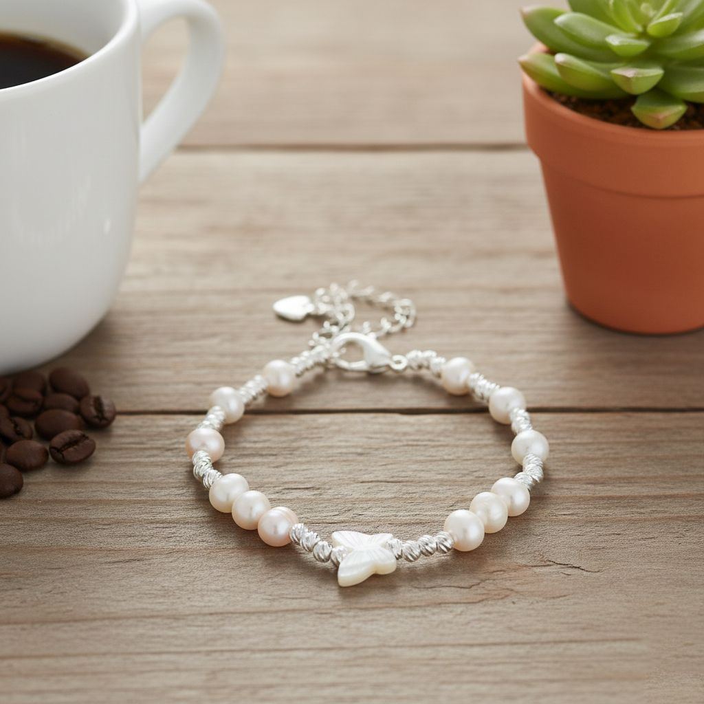 Weiße Muschelkernperle, Weiße Süßwasser Perle Armband ca. 15.25 cm + 3.5 cm Extender, Nickelfreies Messing Silberfarben