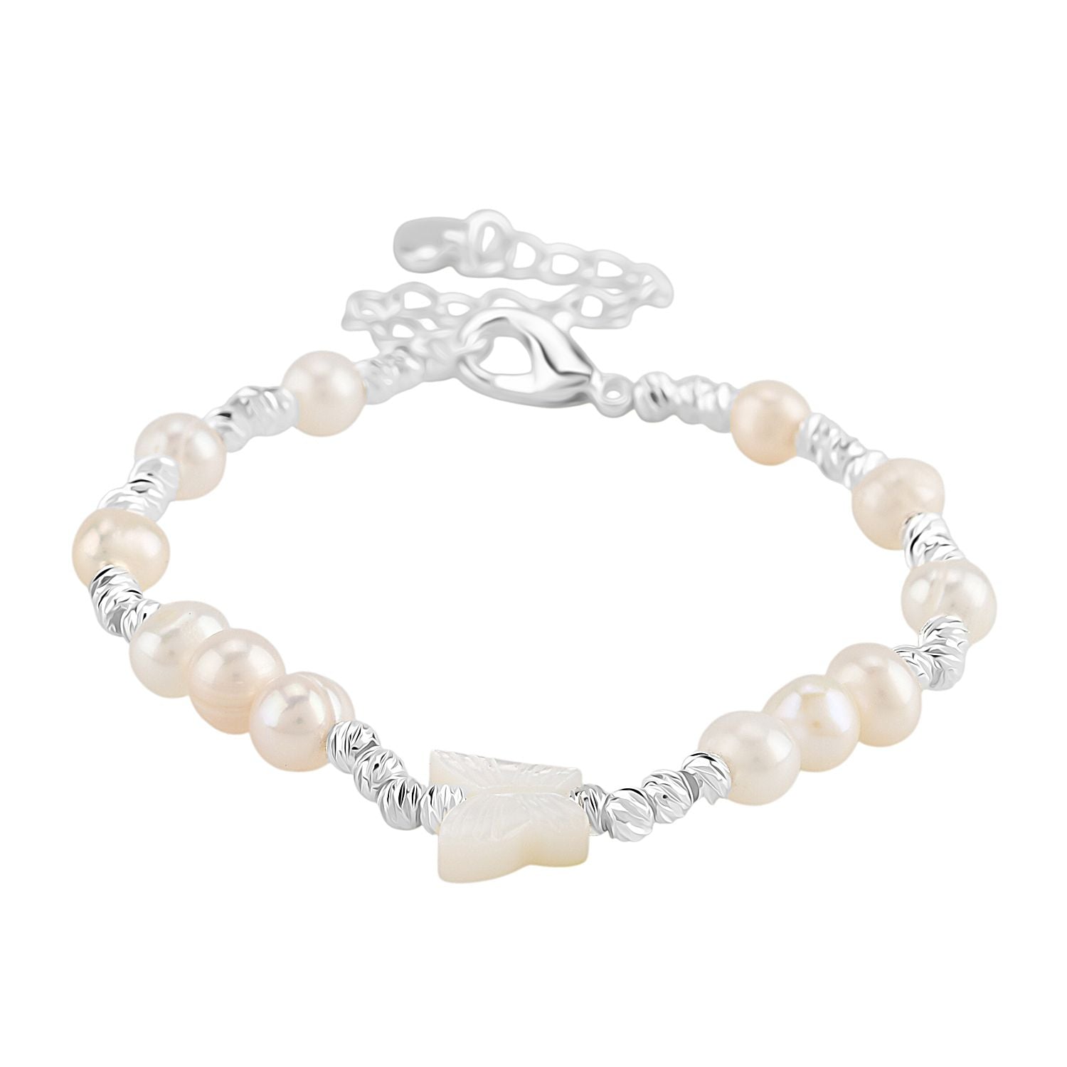 Weiße Muschelkernperle, Weiße Süßwasser Perle Armband ca. 15.25 cm + 3.5 cm Extender, Nickelfreies Messing Silberfarben