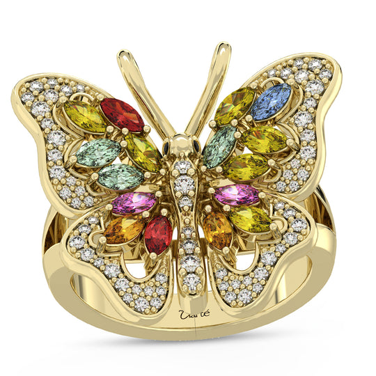 CLARTE Flutter - AA Mehrfarbiger Saphir, Moissanit Ring, 925 Silber Gelbgold, (Größe 18.00) ca. 1.96 ct