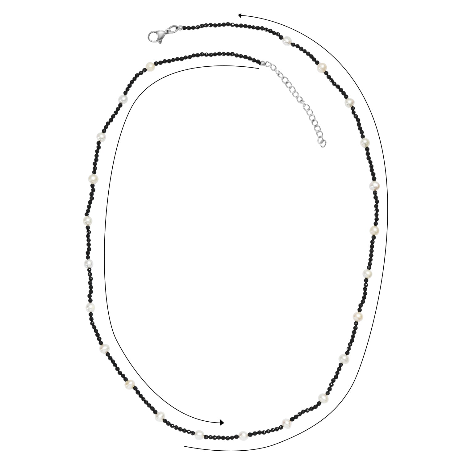 Schwarzer Spinell, Süßwasser Perle (2-2.5 mm) Halskette ca. 60 cm + 5 cm Extender, 316L Edelstahl
