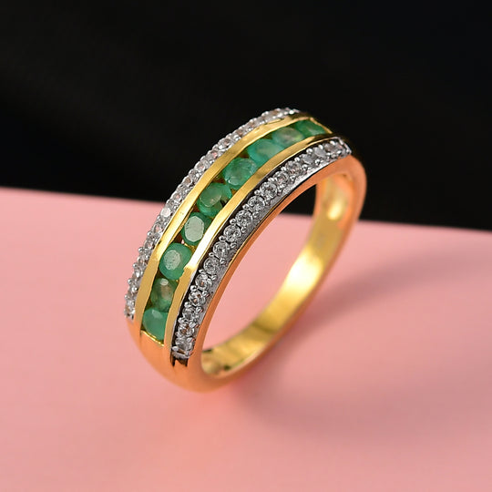 MÜNCHEN CLOSE OUT - AA Smaragd, Weißer Zirkon Ring 925 Silber 750 Gelb Vergoldet (Größe 19.00) ca. 0.93 ct