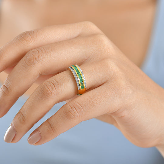 MÜNCHEN CLOSE OUT - AA Smaragd, Weißer Zirkon Ring 925 Silber 750 Gelb Vergoldet (Größe 19.00) ca. 0.93 ct