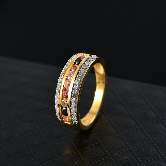 MÜNCHEN CLOSE OUT - AA Mehrfarbiger Saphir, Weißer Zirkon Ring 925 Silber 750 Gelb Vergoldet (Größe 20.00) ca. 1.16 ct