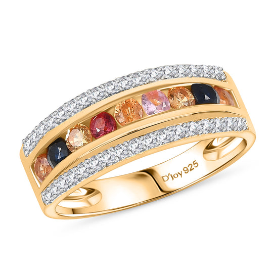 MÜNCHEN CLOSE OUT - AA Mehrfarbiger Saphir, Weißer Zirkon Ring 925 Silber 750 Gelb Vergoldet (Größe 20.00) ca. 1.16 ct