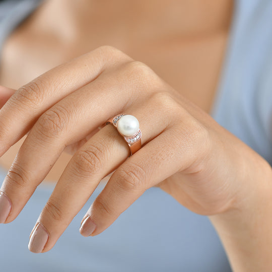 EVER TRUE Süßwasser Perle (10.5-11 mm), Weißer Zirkon Ring Nickelfreies Messing (Größe 20.00), Roséfarben