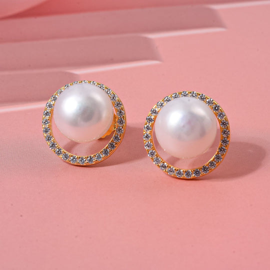 Süßwasser Perle (11 mm), Weißer Zirkonia Ohrringe 925 Silber vergoldet