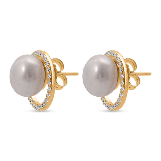 Süßwasser Perle (11 mm), Weißer Zirkonia Ohrringe 925 Silber vergoldet