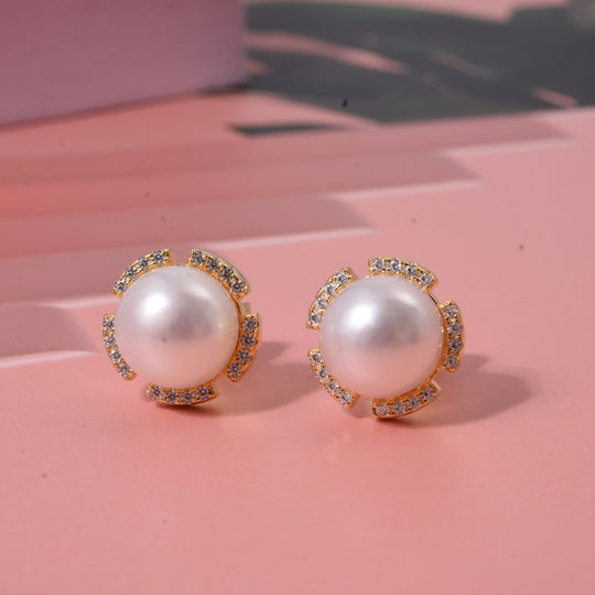 Süßwasser Perle (10 mm), Weißer Zirkonia Ohrringe 925 Silber vergoldet