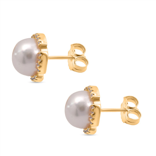 Süßwasser Perle (10 mm), Weißer Zirkonia Ohrringe 925 Silber vergoldet