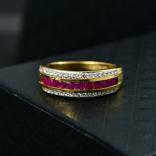 MÜNCHEN CLOSE OUT - AA Burmesischer Rubin, Weißer Zirkon Ring 925 Silber 750 Gelb Vergoldet (Größe 20.00) ca. 1.34 ct