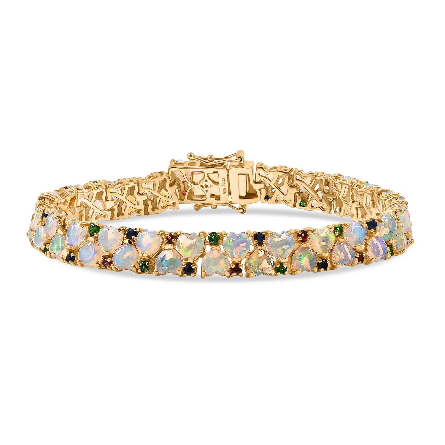 D'Joy Natürlicher, äthiopischer Welo Opal, Masoala Saphir (Fissure gefüllt) Armband ca. 19 cm 925 Silber 750 Gelbgold Vermeil ca. 13,26 ct.