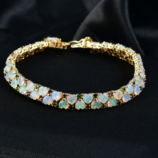 D'Joy Natürlicher, äthiopischer Welo Opal, Masoala Saphir (Fissure gefüllt) Armband ca. 19 cm 925 Silber 750 Gelbgold Vermeil ca. 13,26 ct.