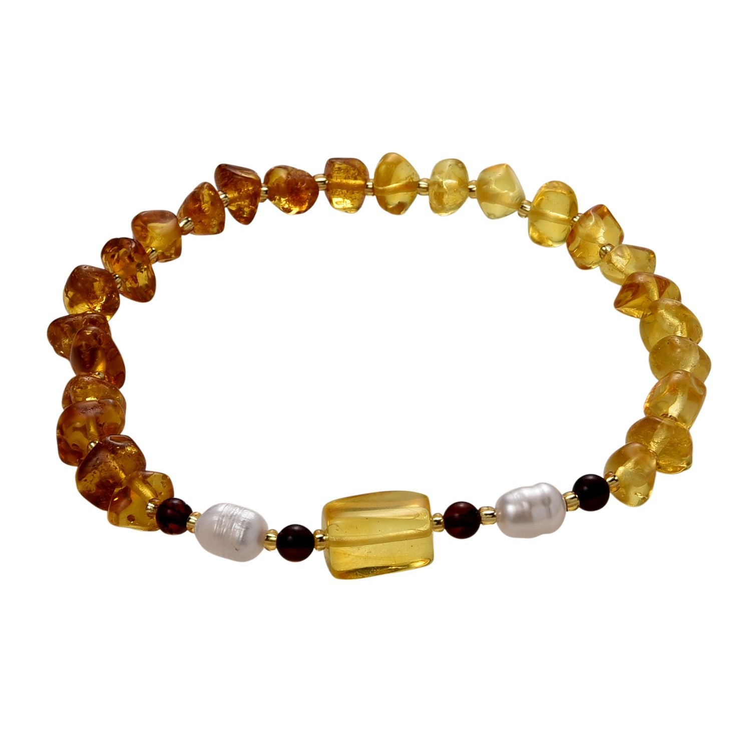 Weiße Süßwasser Perle (6-8 mm), Mehrfarbiger Bernstein Armband, Flexibles ca. 18 cm - 19 cm