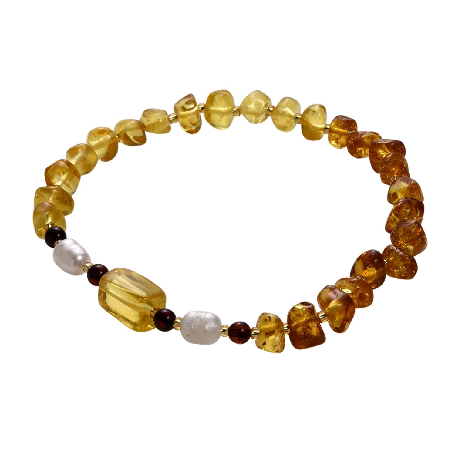 Weiße Süßwasser Perle (6-8 mm), Mehrfarbiger Bernstein Armband, Flexibles ca. 18 cm - 19 cm