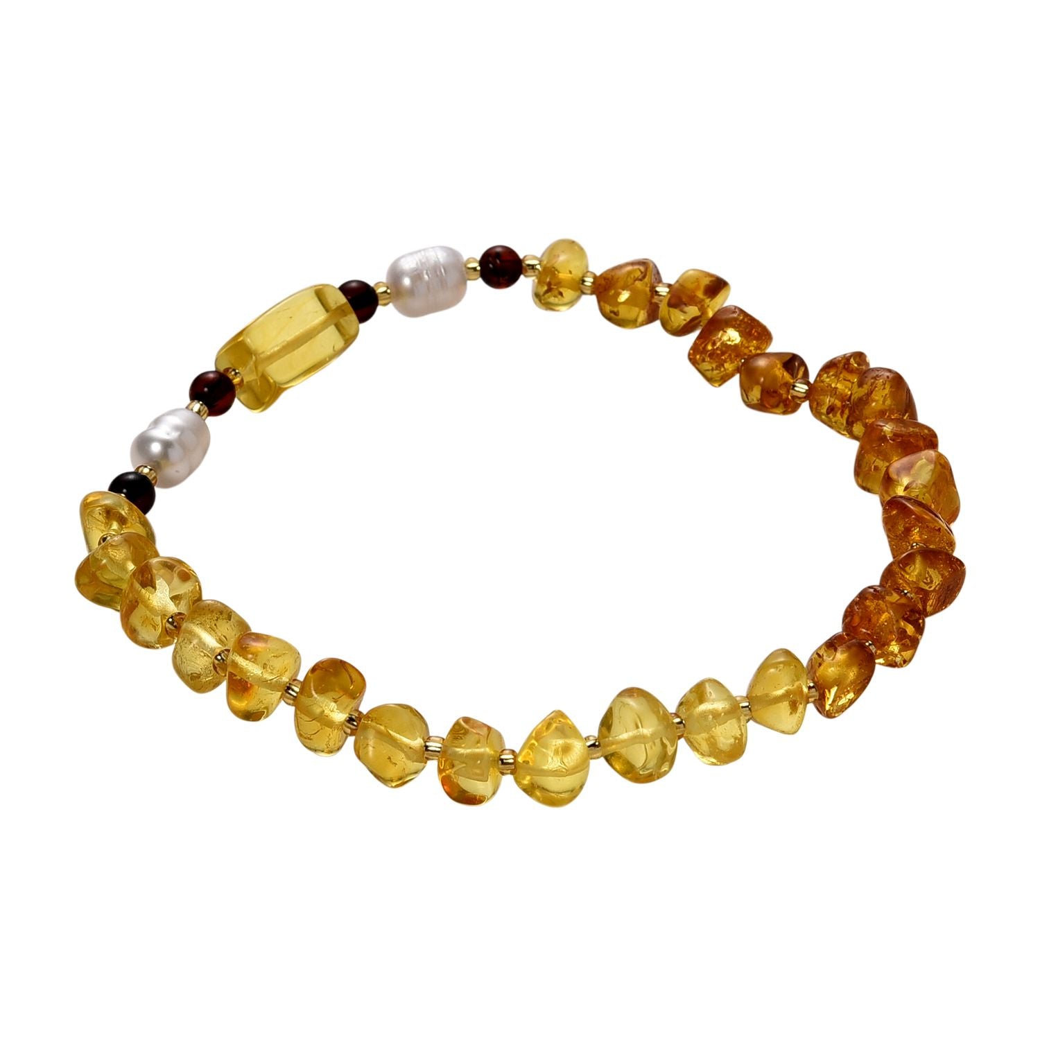 Weiße Süßwasser Perle (6-8 mm), Mehrfarbiger Bernstein Armband, Flexibles ca. 18 cm - 19 cm