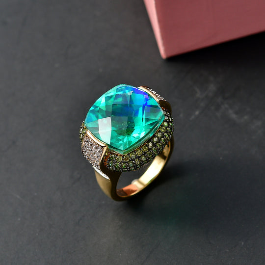 D'Joy Pfau Quarz Triplette, Grüner Zirkonia Ring 925 Silber 750 Gelbgold Vermeil (Größe 19.00)