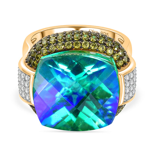 D'Joy Pfau Quarz Triplette, Grüner Zirkonia Ring 925 Silber 750 Gelbgold Vermeil (Größe 19.00)