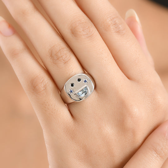 GP Celestial Kollektion - Himmelblauer Topas, Schwarzer Spinell Ring 925 Silber platiniert (Größe 19.00) ca. 0.52 ct