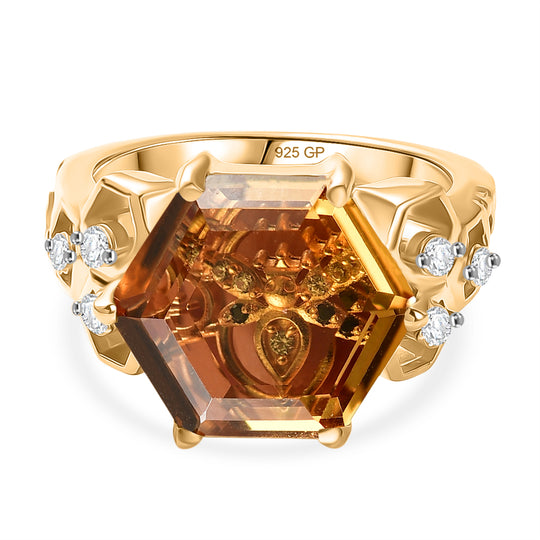 GP Trionfo Kollektion - Citrin, Weißer Zirkon Ring 925 Silber 750 Gelbgold Vermeil (Größe 21.00) ca. 7.38 ct
