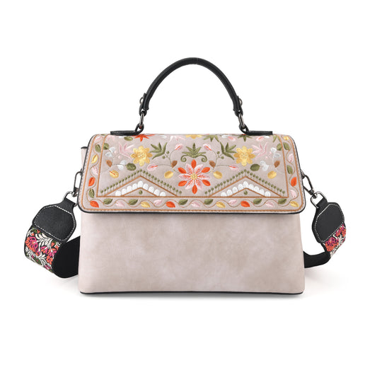 Florale Kunstprint Crossbody-Tasche mit gemustertem Schulterriemen, 29 x 11 x 21 cm, Elfenbein