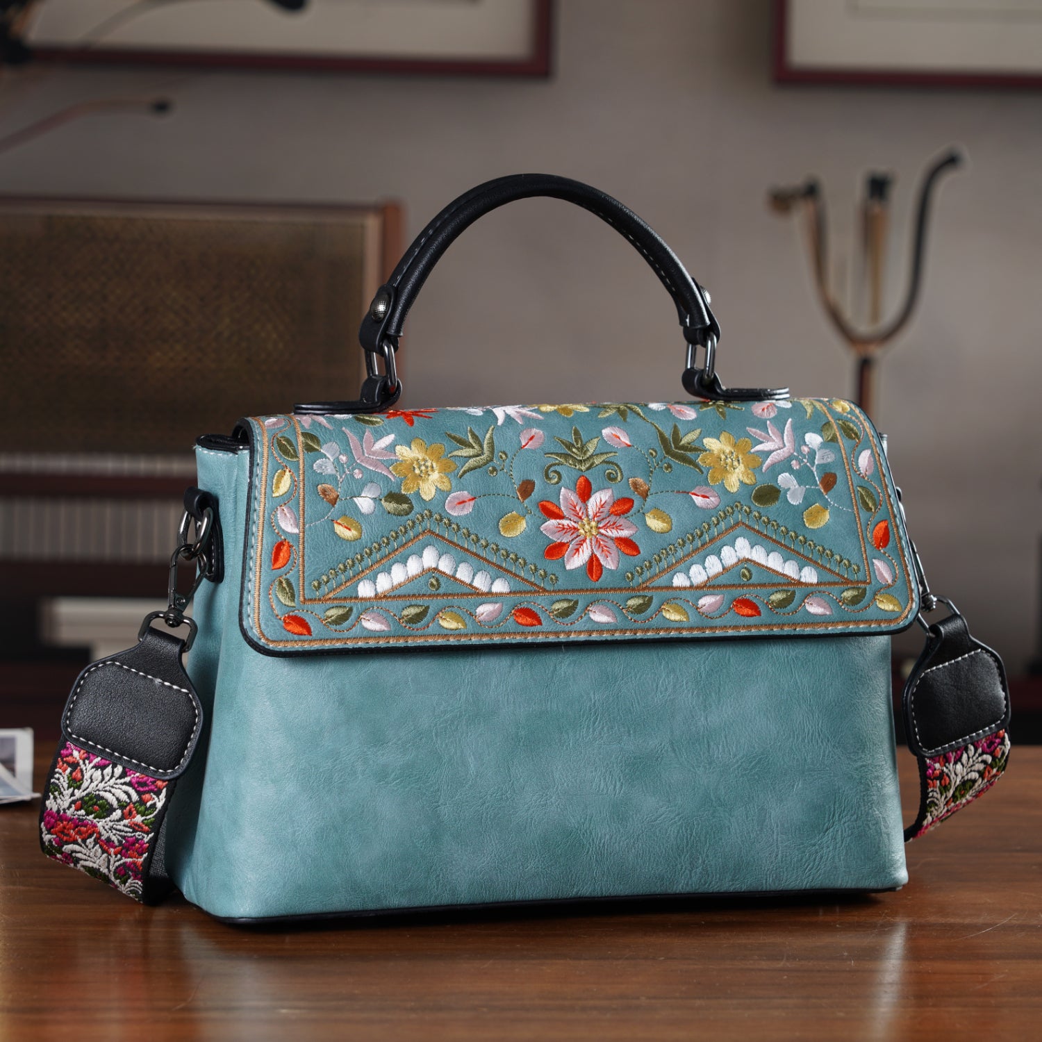 Florale Kunstprint Crossbody-Tasche mit gemustertem Schulterriemen, 29 x 11 x 21 cm, Petrol