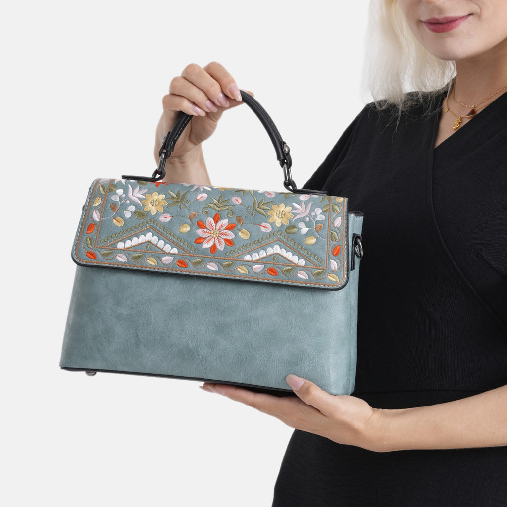 Florale Kunstprint Crossbody-Tasche mit gemustertem Schulterriemen, 29 x 11 x 21 cm, Petrol
