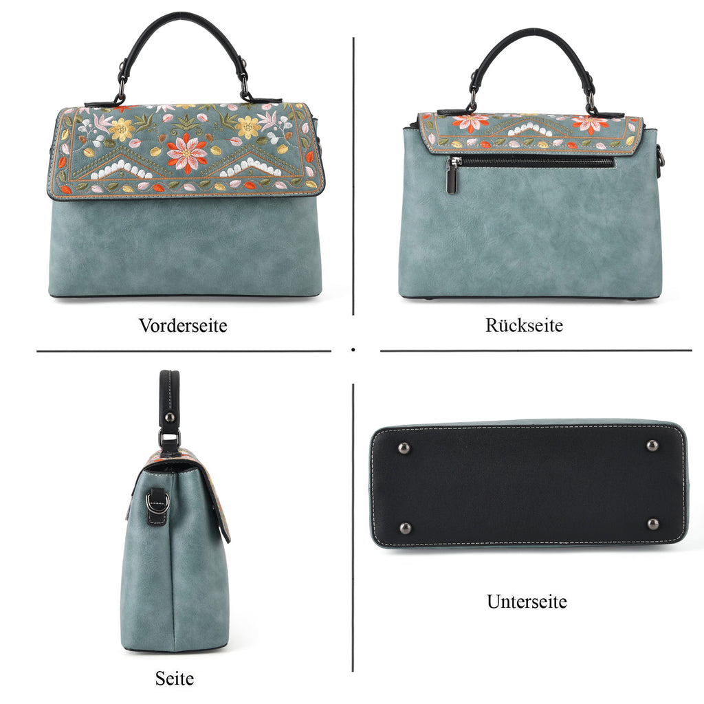 Florale Kunstprint Crossbody-Tasche mit gemustertem Schulterriemen, 29 x 11 x 21 cm, Petrol