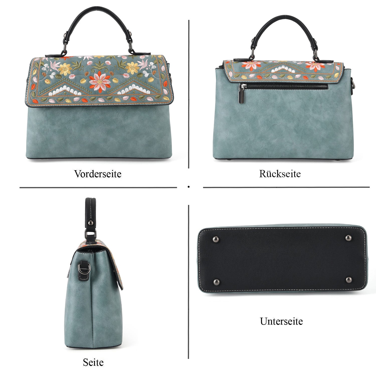 Florale Kunstprint Crossbody-Tasche mit gemustertem Schulterriemen, 29 x 11 x 21 cm, Petrol