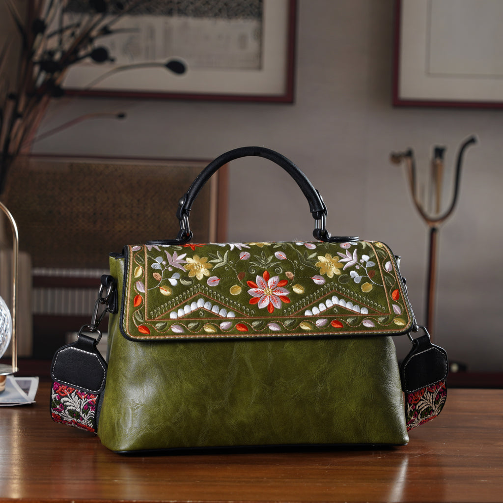 Florale Kunstprint Crossbody-Tasche mit gemustertem Schulterriemen, 29 x 11 x 21 cm, Petrol